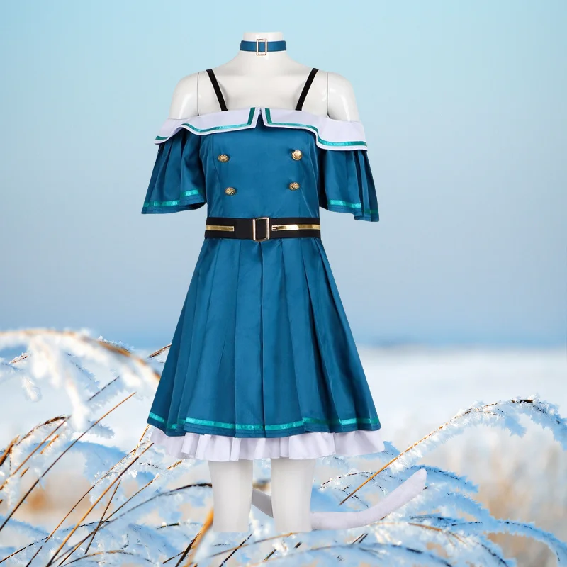 

Game Kusanagi Nene Cosplay Costume Blue Halter Neck Dress with Ears Tail Wig Set for Girls Women Role Play Outfit Theme Party
