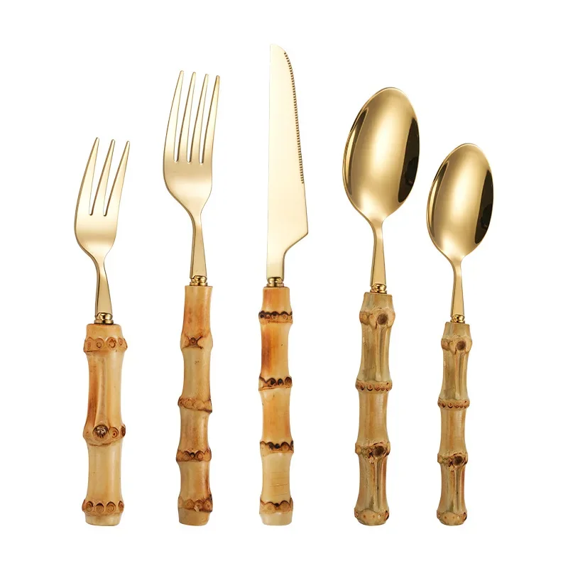 24/30Pcs Bamboo Handle Cutlery Set Stainless Steel Dinnerware SetsKnife Fork Teaspoon Cutlery Set
