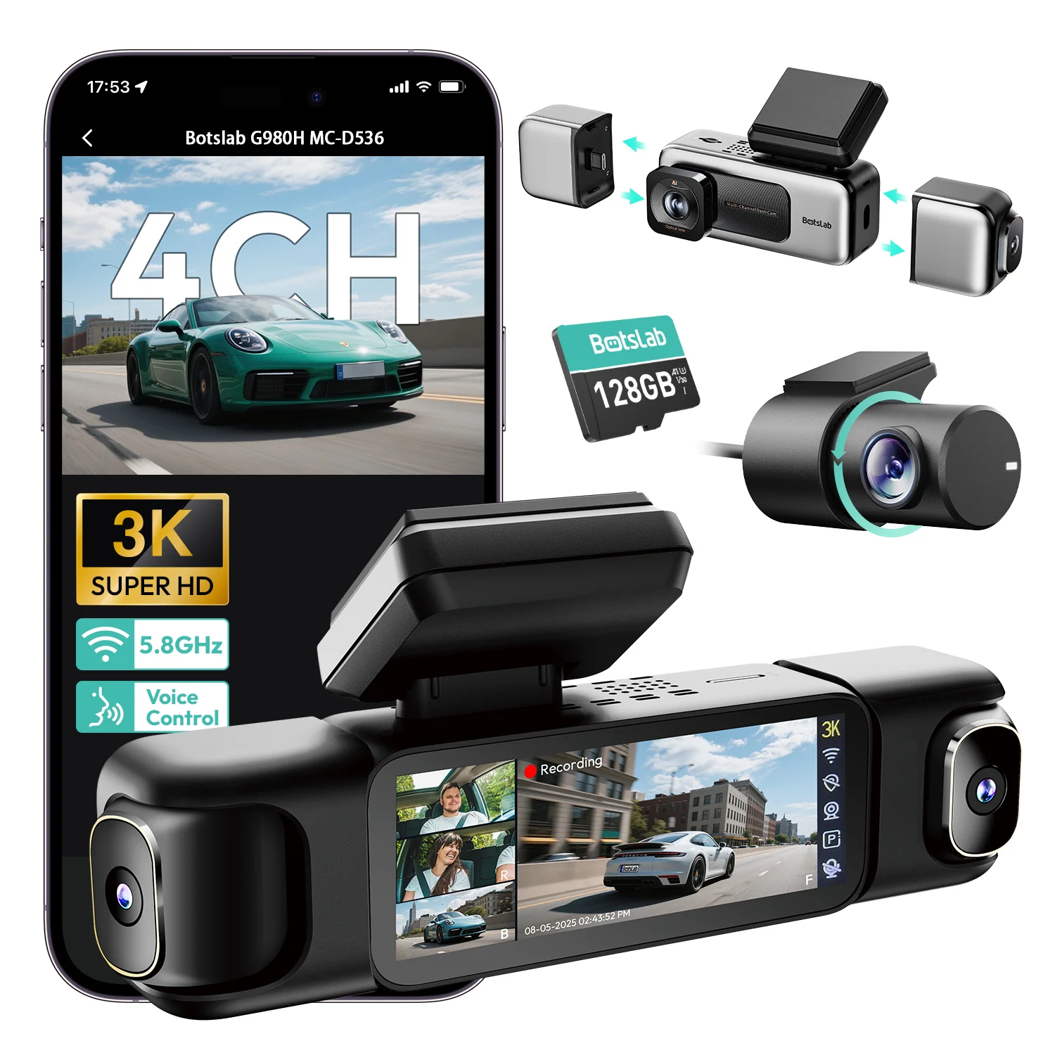 Botslab G980H 4-kanaals 3K Dashcam 560° auto-camerasysteem (voor, achter, links/rechts) met uitstekende nachtzicht, GPS, 5.8GHz Wi-Fi, Engelse spraakbesturing, Sentinel-modus, 24/7 parkeerbewaking
