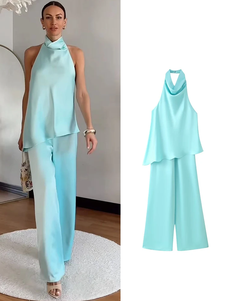 TFMLN New Women Halter Jumpsuit Sleeveless Open Back Wide Leg Long Jumpsuit Summer Fashion Female Casual Holiday Outfits