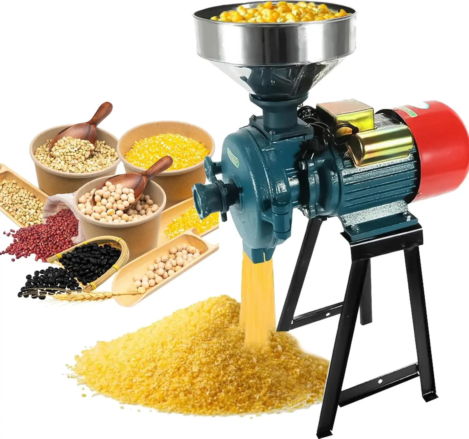 110V Dry Cereals Grinder with Funnel, Commercial Electric Feed Mill Dry Grinder, Rice Corn Grain Coffee Wheat Feed Mill Flour Mi