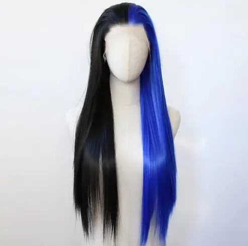 Peruca dianteira do laço sintético meio preto e meio azul, peruca reta longa, cabelo resistente ao calor, peruca pré-arrancada