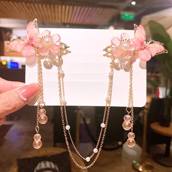1 paar Retro Bloem Vlinder Kwastje Kant Haar Clip Hanfu Stijl Haaraccessoires Vintage Haar Haarspeldjes Hairgrip Voor Vrouwen Meisjes