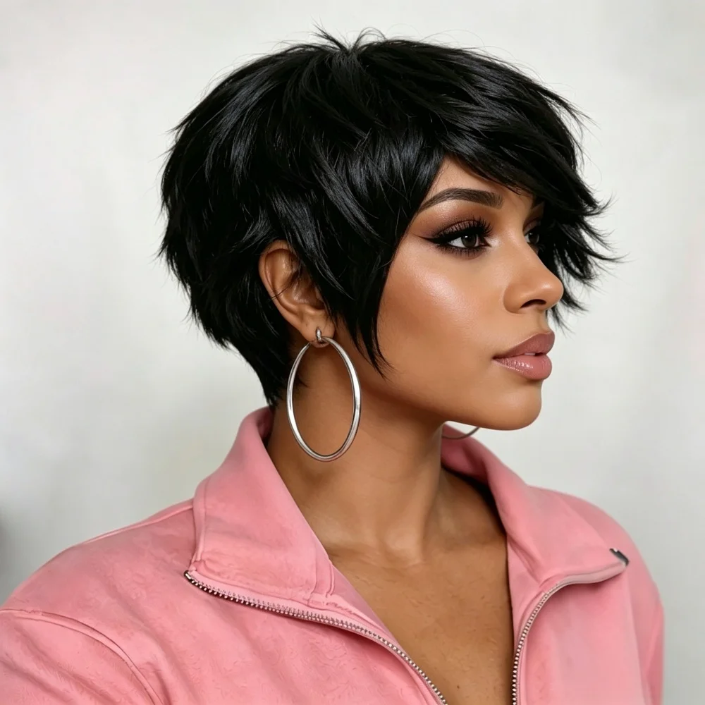 6 Inch Real Human Hair Pixie Cut Wig Black Short Layered Bob Wig Natural Looking For Women Full Machine Made Wig