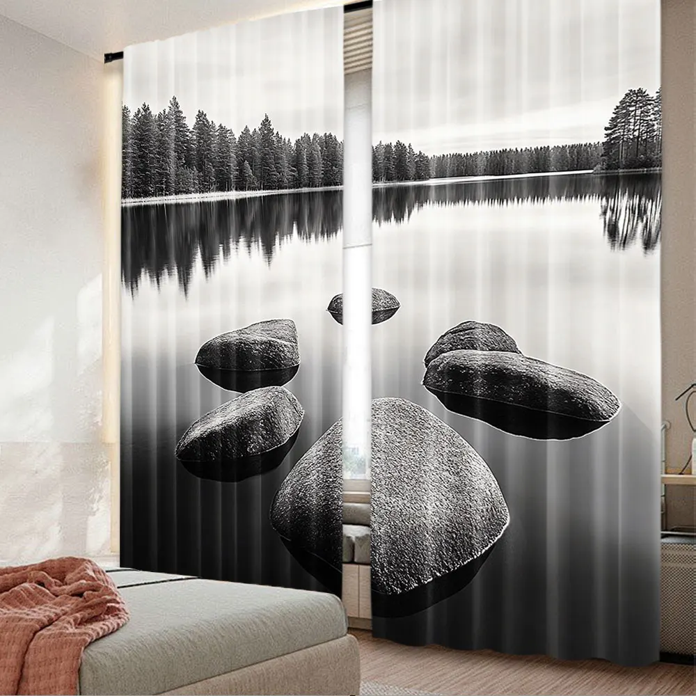 2Pcs Rocks Curtain Rocks In Water At Shore Of Lake Autumn Isolation Tranquility Environment For Bedroom Living Room And Dining