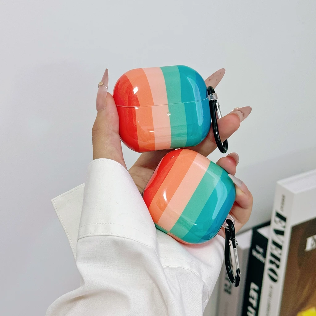 Rainbow Gradient Stripe Glossy With Black Carabiner Clip Earphone Cover Case for Samsung Galaxy Buds4 3 2 Pro FE Live Core