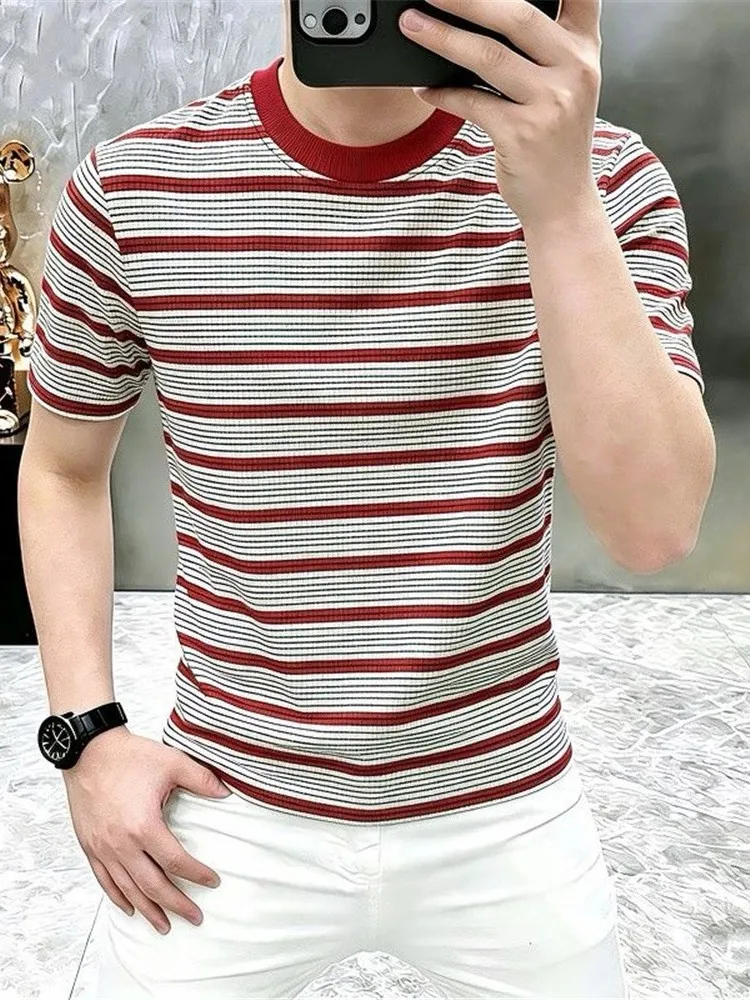 メンズラウンドネックストライプ半袖tシャツカジュアルルーズフィット夏向けおしゃれ通気性ポリエステル都会風トップス