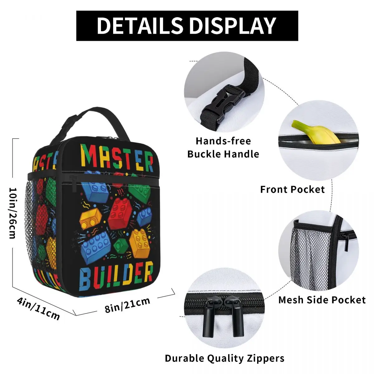 Brick Builder Blocks Master Builder Insulated Lunch Bag Leakproof Reusable Cooler Bag Tote Lunch Box College Outdoor Men Women