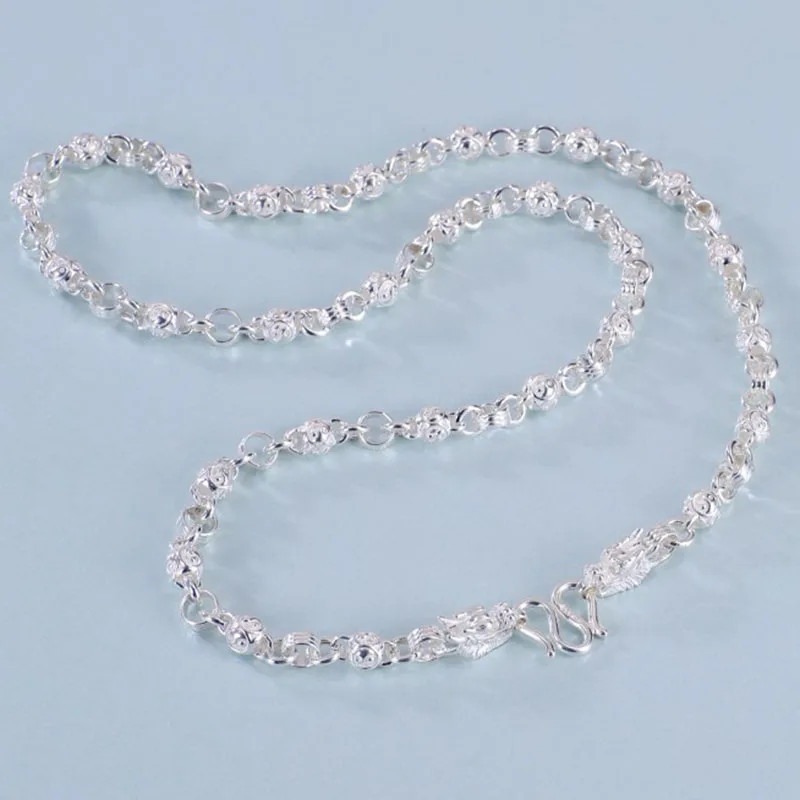 999 Pure Silver Necklace For Women Men Gossip Ball Rolo Link Dragon Head Chain 50/55/60cm Length