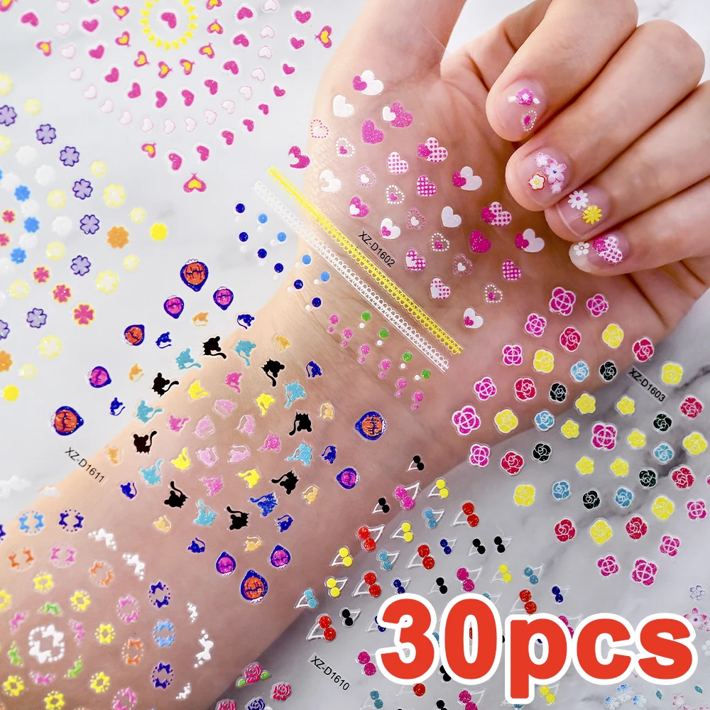 30pcs ผสมดอกไม้ Hearts MINI ชุดสติกเกอร์เล็บประกาย Glitter สีสัน Blossom 3D เล็บ Self-กาวเล็บ Sliders