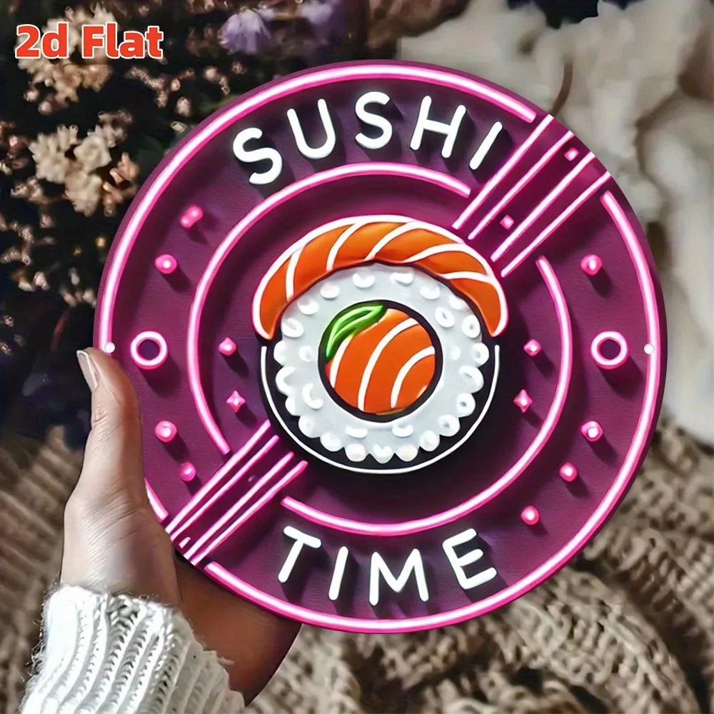 Señal artística de pared circular de madera de neón, hora de Sushi plana 2D, diseño de sushi rosa y naranja vibrante, decoración de sushi, 1 ud.
