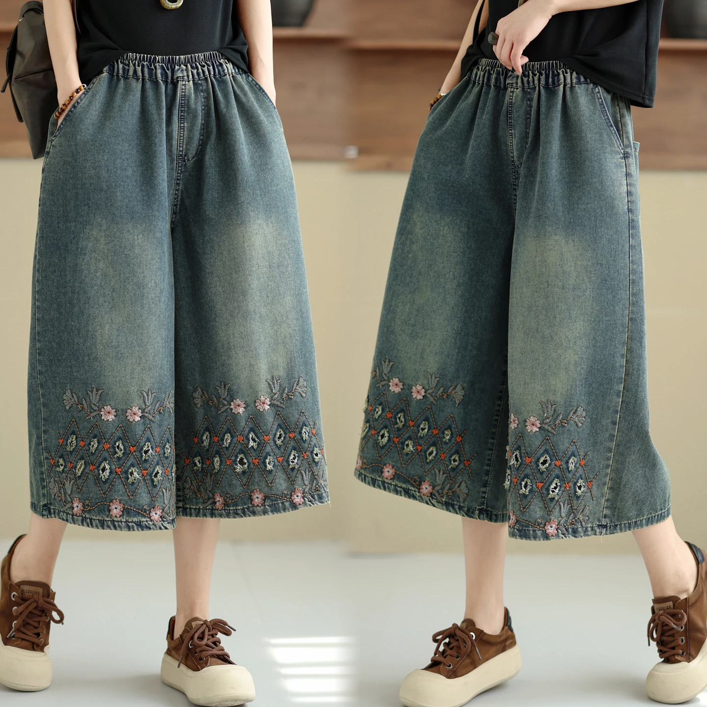 

Casual Fashion Big Size Loose Fit Soft Denim Floral 7/8 Length Pants Summer Versatile Wide Leg Pants High Waist Embroidered
