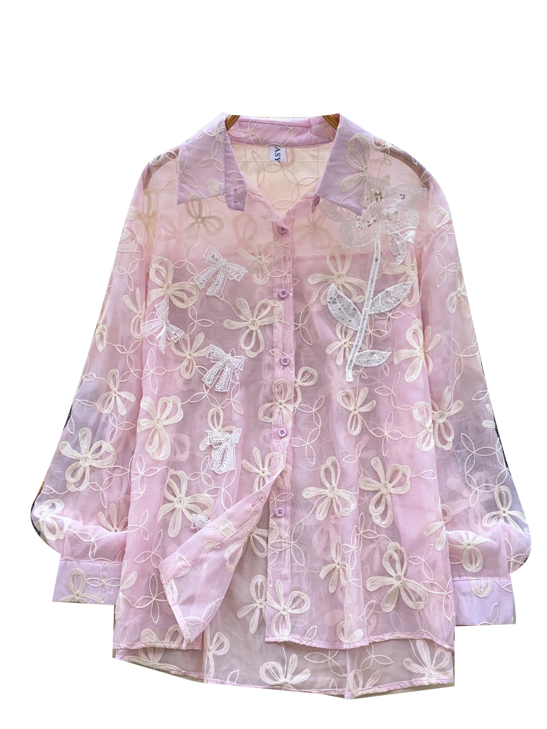 เสื้อเบลาส์แขนยาวผ้าตาข่ายปักลูกปัดหวานๆ สำหรับฤดูใบไม้ร่วงปี 2025 ทรงหลวม กระดุมแถวเดียว เสื้อเชิ้ตผู้หญิง คามิซา เฟมินีนา