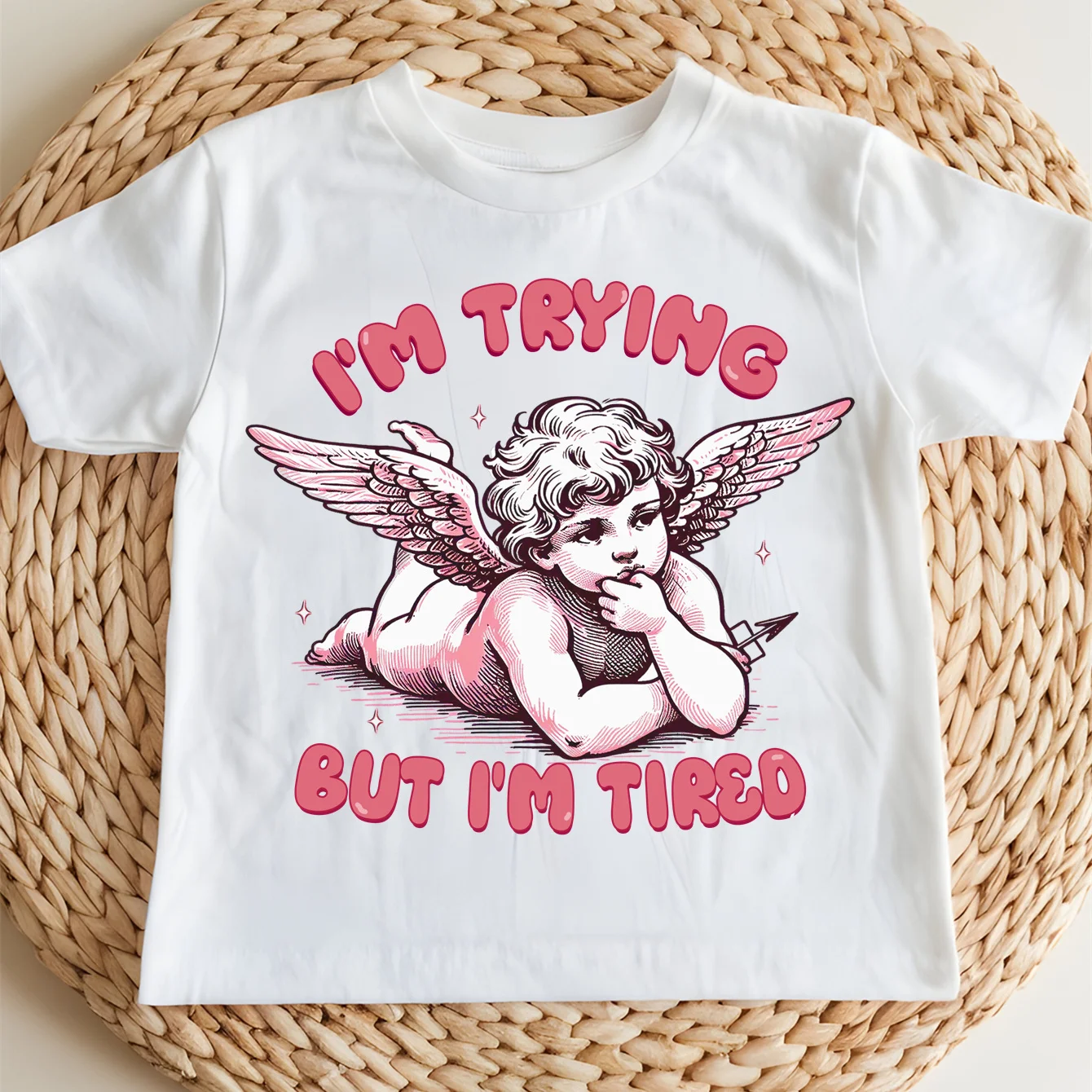 

100% Cotton Valentine's Day Cupid Print Children’s Base Clothe Girl Comfortable T-shirt Outdoor O-neck Short Sleeve T-shirt