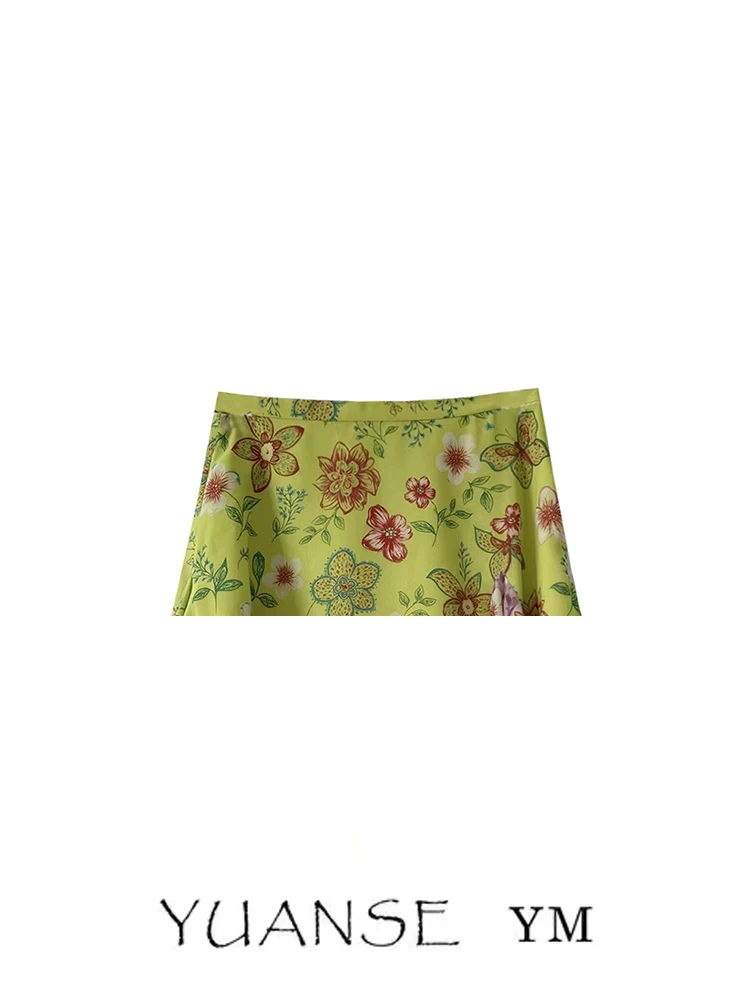 YUANSE Holiday Style Green Floral Patchwork High Waist A-Line  Skirt Women Summer Slimming Asymmetrical Beautiful Skirt