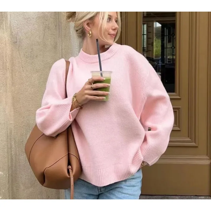 Pink Sweet Autumn Winter Women Warm Knitted Jumper New Round Neck Pullover Tops Loose Casual Long-sleeved Bottomed Sweater Women