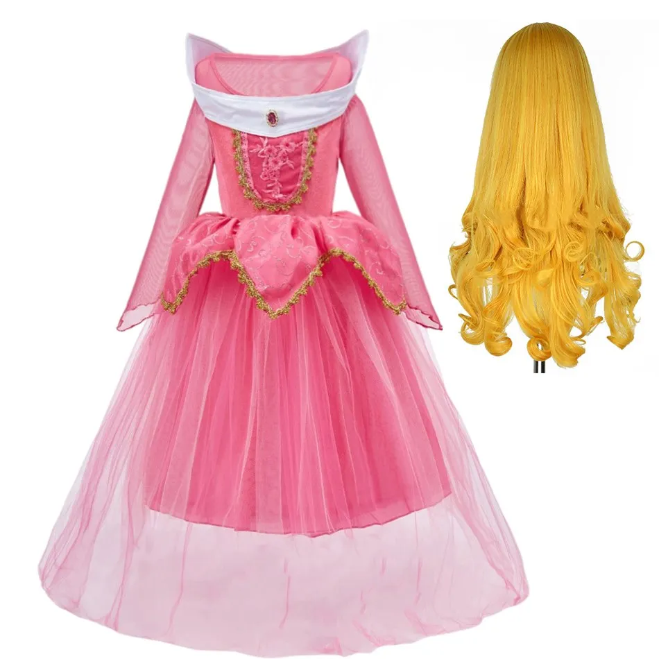 

Girls Princess Dress Kids Aurora Cosplay Costume Fancy Aurora Wig Baby Girl Halloween Birthday Party Costume 3-10 Years