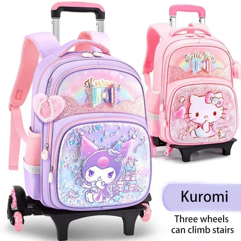 Miniso KT Kuromi Cinnamoroll Girls Trolley Schoolbag Pupil Cartoon Wheeled Backpack Elementary Student 6 Wheels School Bags Gift