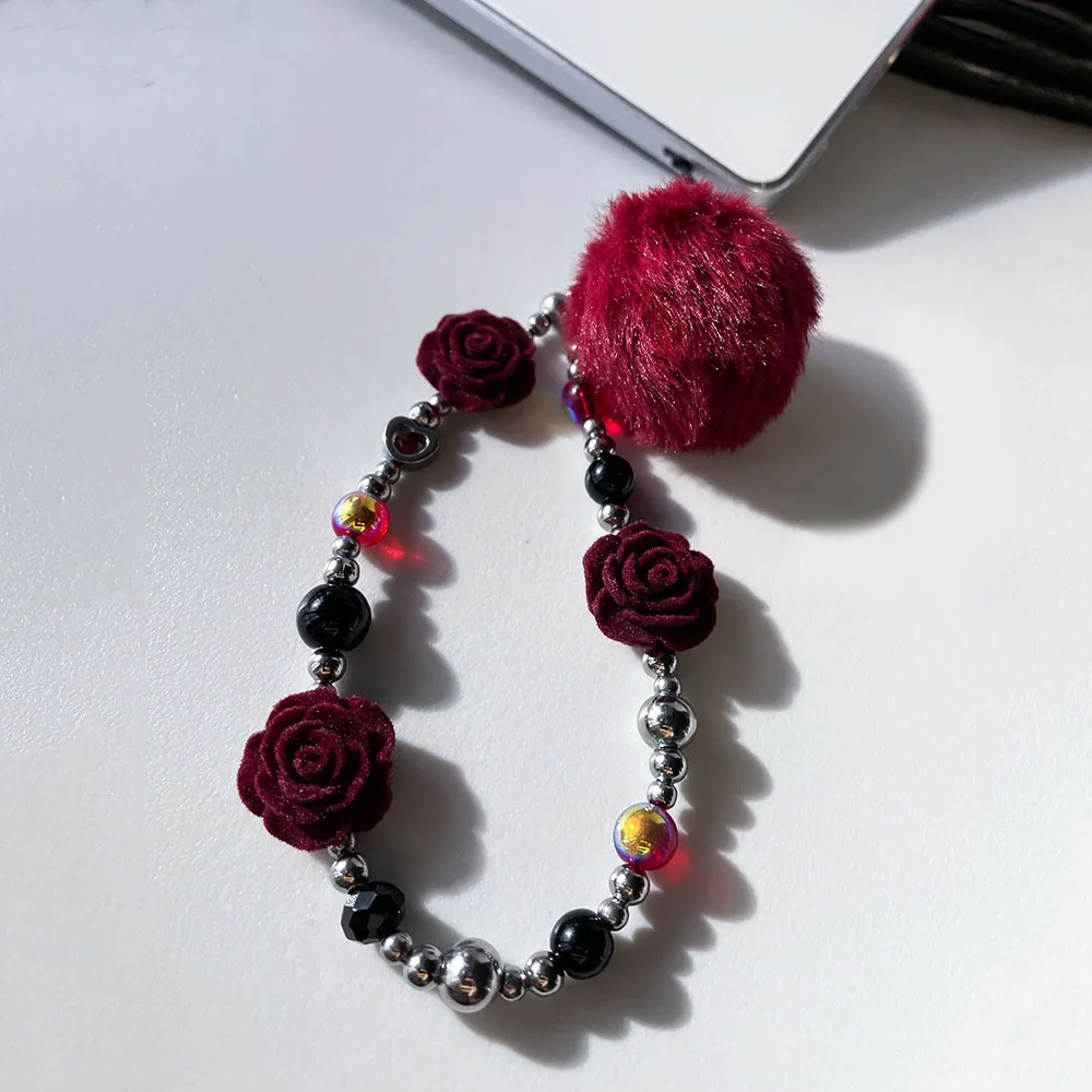 Wine Red Rose Flower Phone Charm Fur Ball Stainless Steel Beads Cellphone Strap Autumn Winter Wallet Camera Bag Decor Jewelry