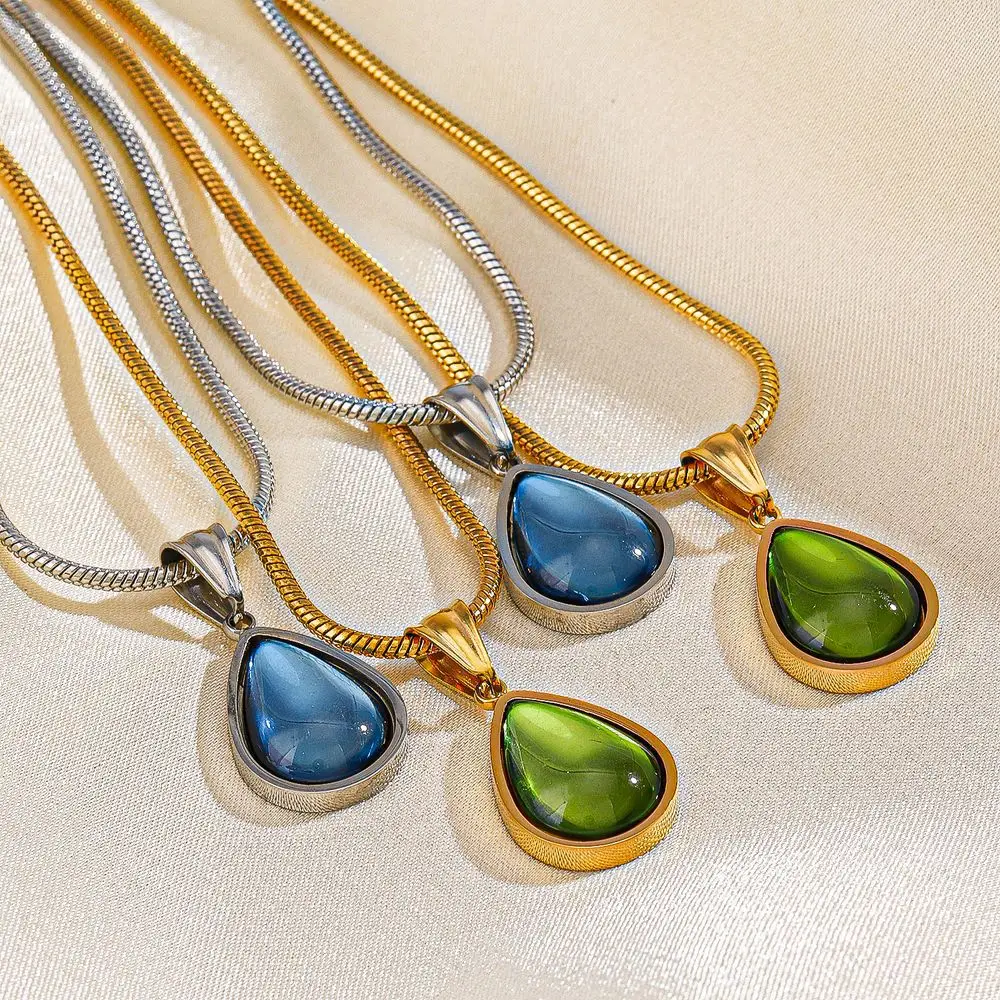 New Style Olive Green Blue Droplet Pendant Necklace For Women Girls Stainless Steel Vintage Clavicle Chain Wedding Jewelry Gift