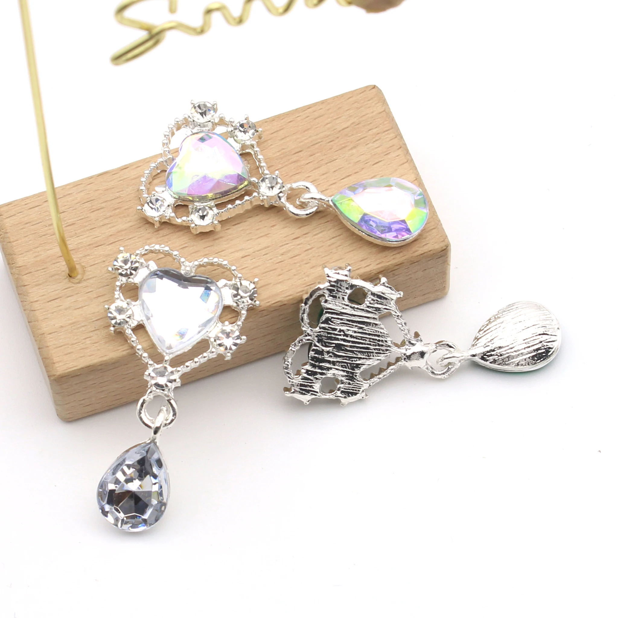 10Pcs 21 * 41mm Metal Water Rhinestone Heart shaped Alloy Pendant Pendant Diy Wedding Dress Bow Hair Decoration Accessories