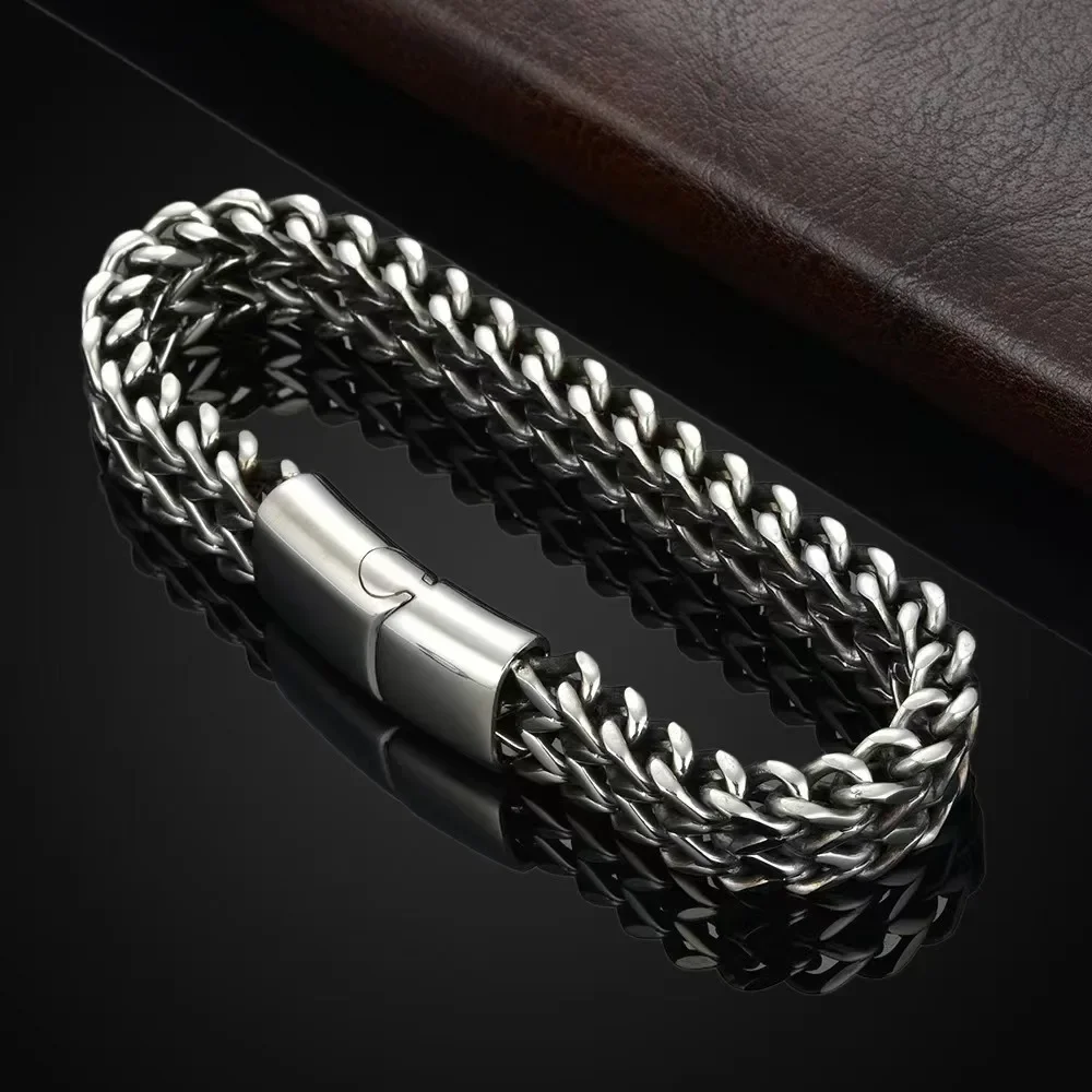 Hip-hop Punk Sliver Color Stainless Steel Thicken Wide Cuban Chain Magnetic Clasp Bracelet for Women Men Couple Trendy Jewelry
