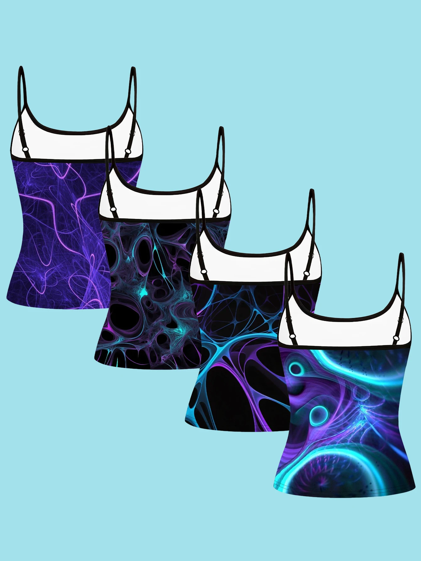 4-Pack Women's Black Cyber Neon Fractal Print Camisole with Psychedelic Neural Network Light Effect, Slim-Fit Spaghetti Strap Inner Top