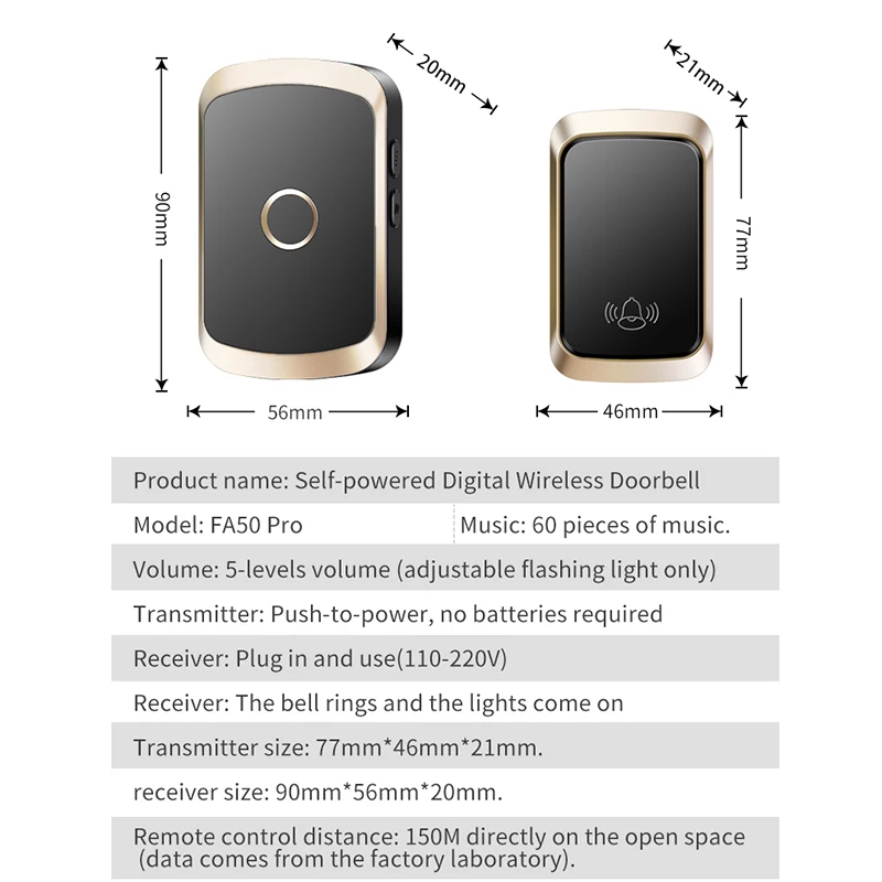 CACAZI Self-powered Wireless Doorbell Sets Waterproof Door Bell Outdoor 150M Long Range 60 Song Intelligent US EU UK AU Plug