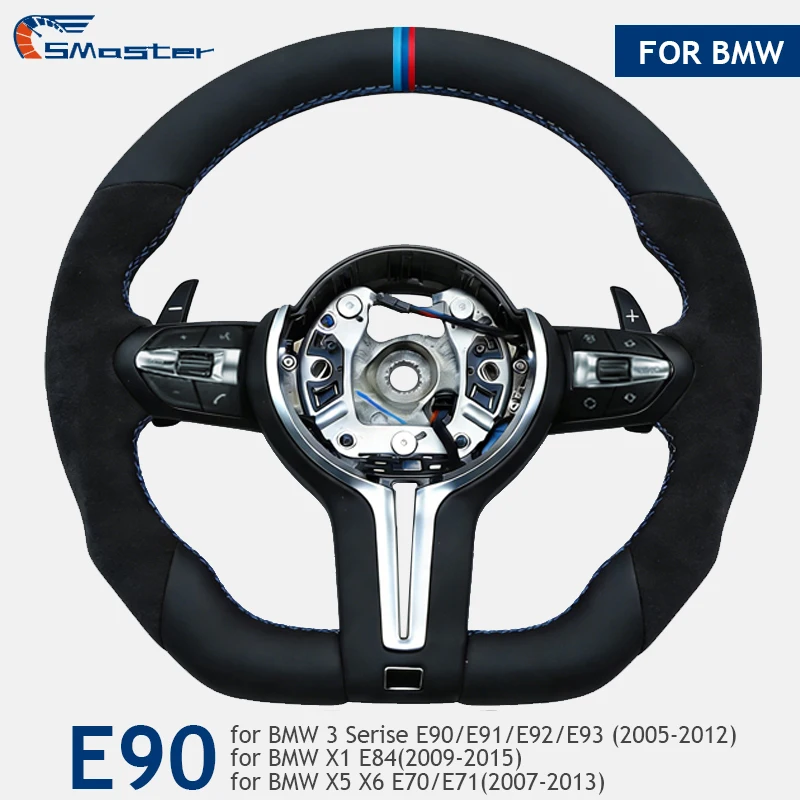 

Высококачественное спортивное рулевое колесо M E90 из кожи с полукамурсовой поверхностью, плоским дном и трехцветными полосками - подходит для BMW E70 E71 E81 E87 E88 E89 E90 + переключатели передач