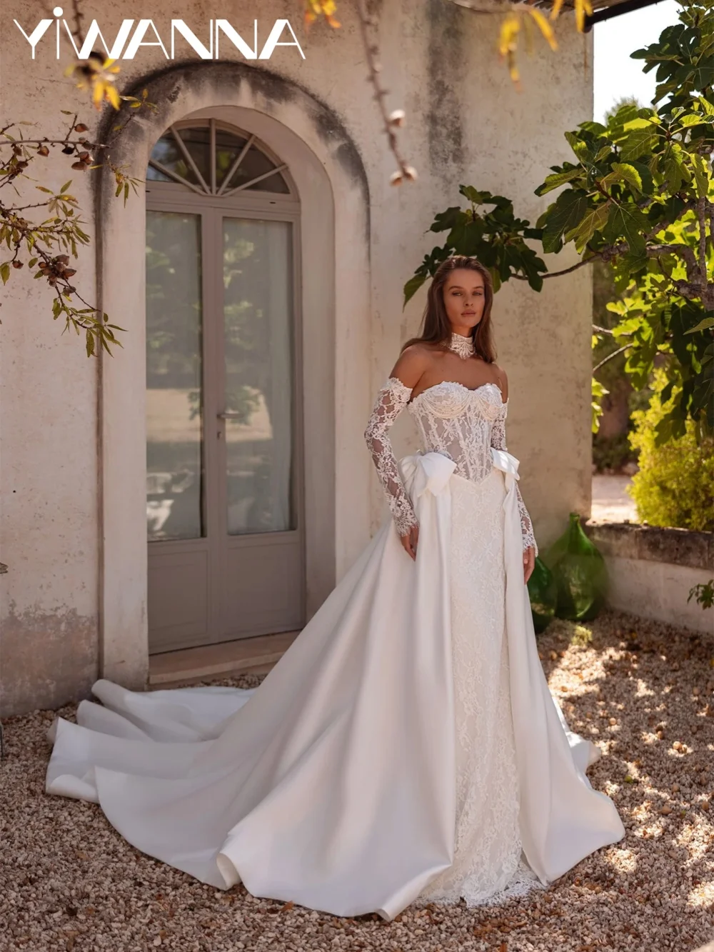 

Detachable Train Floral Lace Wedding Dress Shinny Pearls Sweetheart Neck Bridal Gown Customized Mermaid Long Dresses For Bride