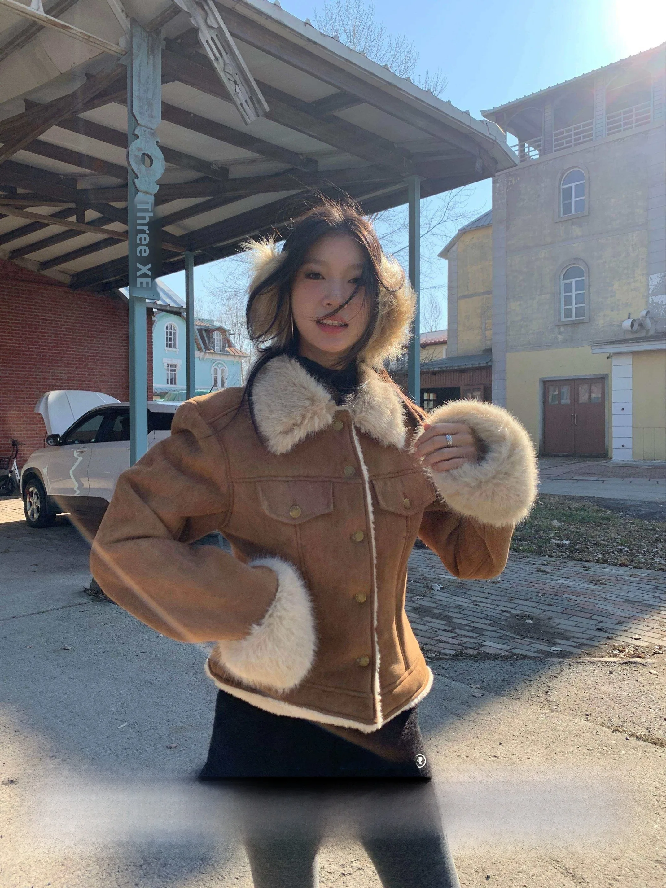 

Fortunee Original Design ort Coat Women's Faux Fur Leather Jaet Slim Fit Sle Stand Collar Inner Material Winter 2024