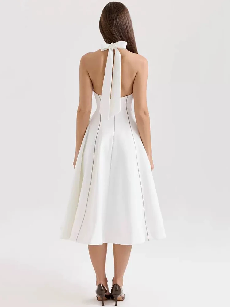 2025년 여름 패치워크 레이스, 컷아웃, 섹시한 백리스, 네크라인, 보타이, 허리를 잘록하게 잡아주는 A라인 푹신한 스커트가 돋보이는 여성 드레스