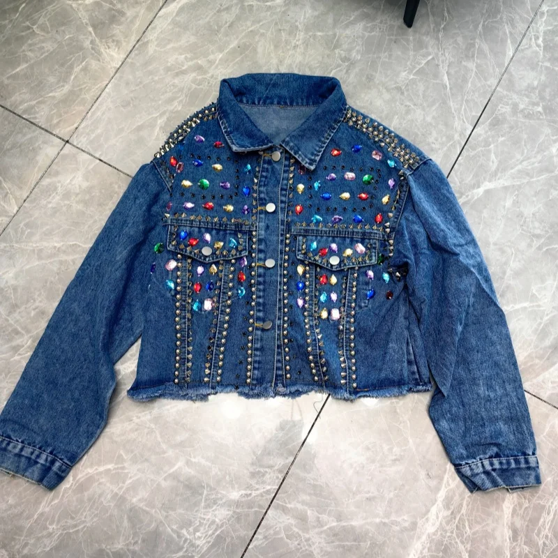 Chic Rainbow Color Diamonds Beaded Denim Jacket Ripped Rivets Sequined Jeans Bomber Jacket Crystal Rhinestones Cowboy Cardigan view 3