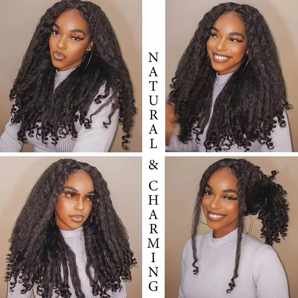 Afro Kinky Straight Burmese Curly Wigs 13X4 HD Lace Front Wig With Spiral Curly End Natural Black 22Inch Synthetic Hair