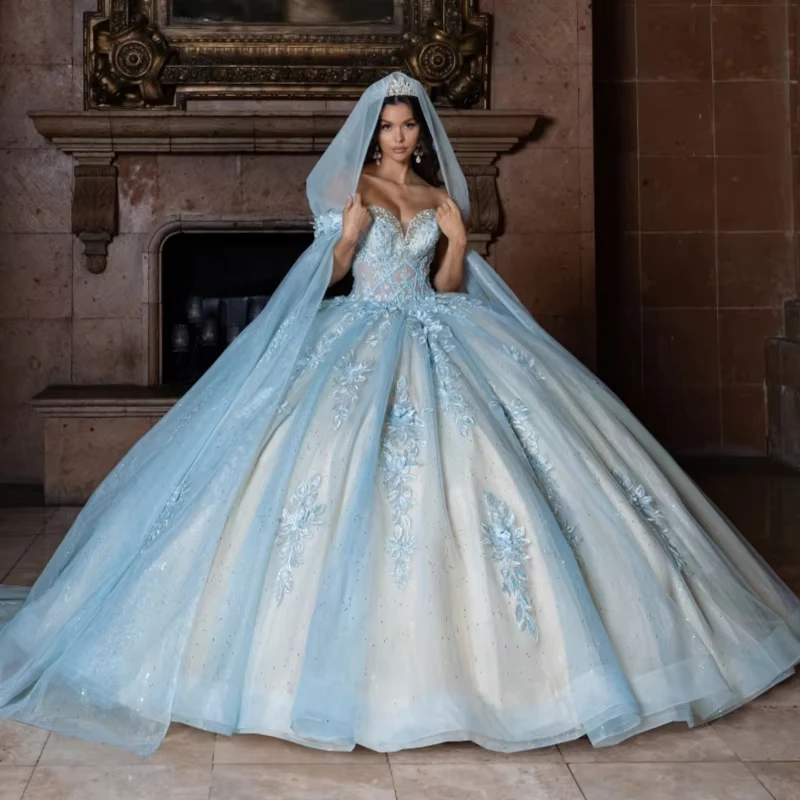 

EVLAST Customized Sparkly Blue Quinceanera Dress Ball Gown Lace Applique Beaded Crystal Cape weet 16 Vestidos De 15 Anos E2Q39
