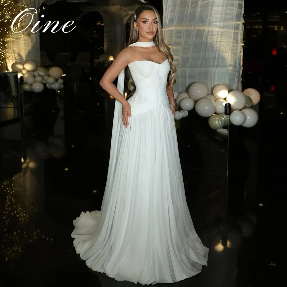 Oine Arabic Chiffon Wedding Dress Customized Off White Sweetheart Collar Bridal Gown With Scarf Pleats A-Line Bride Party Dress