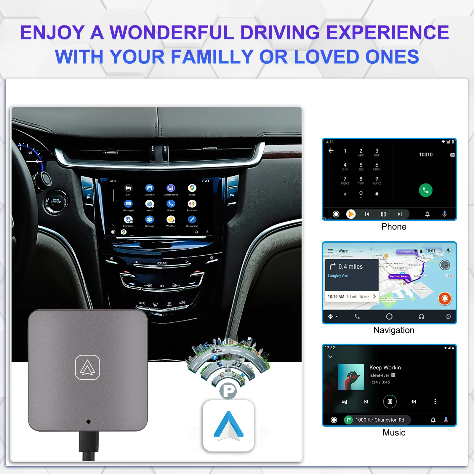 Podofo-Adaptador sem fio Android Auto Carplay, Plug And Play, Bluetooth, Wi-Fi, VW, Audi, Toyota, Honda, Auto