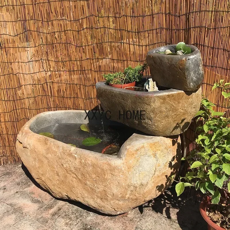 Natural Stone Laminated Flowing Water Ornaments Fish Flower Fish Tank Garden Courtyard Stone Tank Landscape Sink