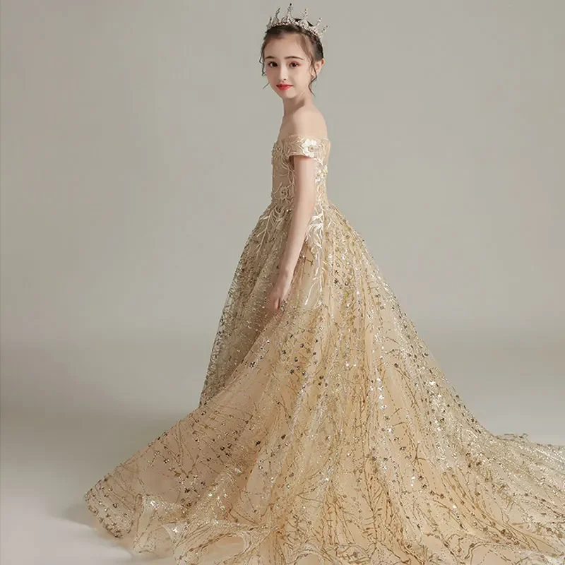 Flower Girls Wedding Bridesmaid Dress Teen Girls Gold Halloween Party Tail Dresses Children Elegant Off Shoulder Embroidery Gown