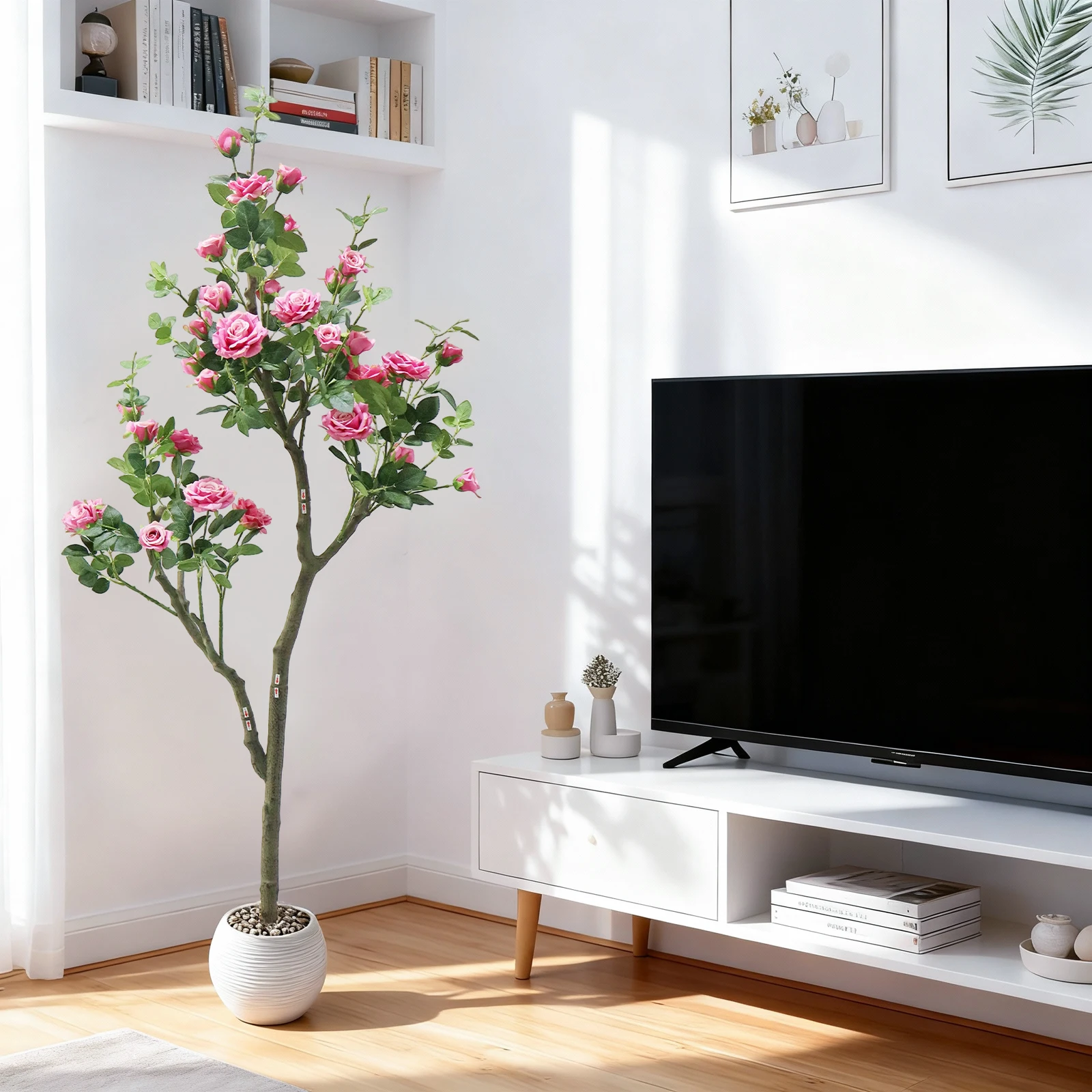 180cm Künstlicher Rosenbaum Rosa Rosenbaum mit Grünen Blättern Künstliche Blumen im Topf für Wohnzimmer Büro Heim-Dekoration