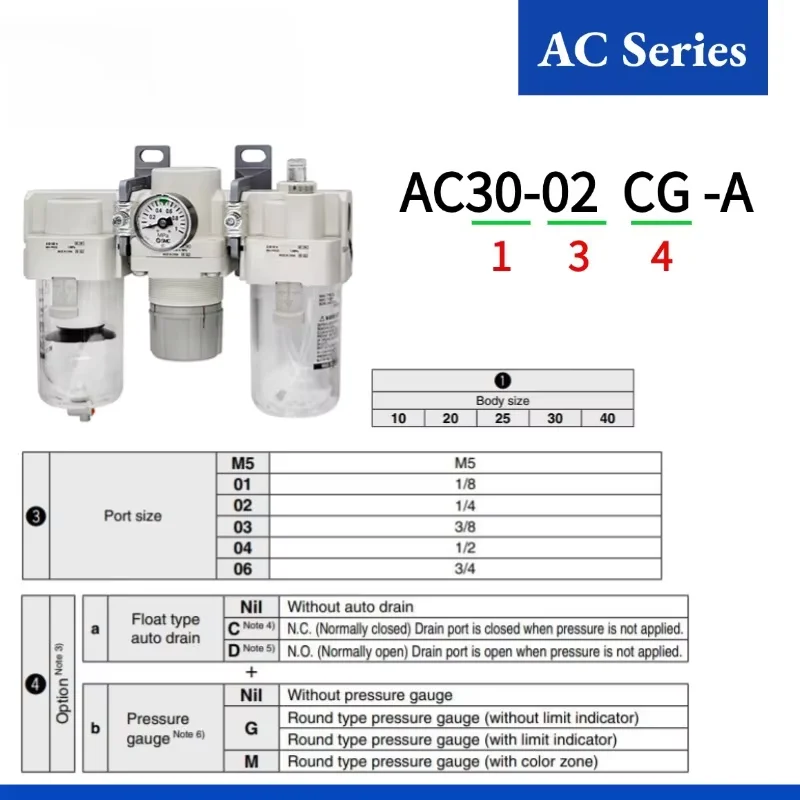 

AC10 AC20 AC30 AC40-M5G 01G 02G 03G 04G 06G 01CG 02CG 03CG 04CG 06CG 02DG 03DG 04DG 06DG-A Air Filter+Regulator+Lubricator AC