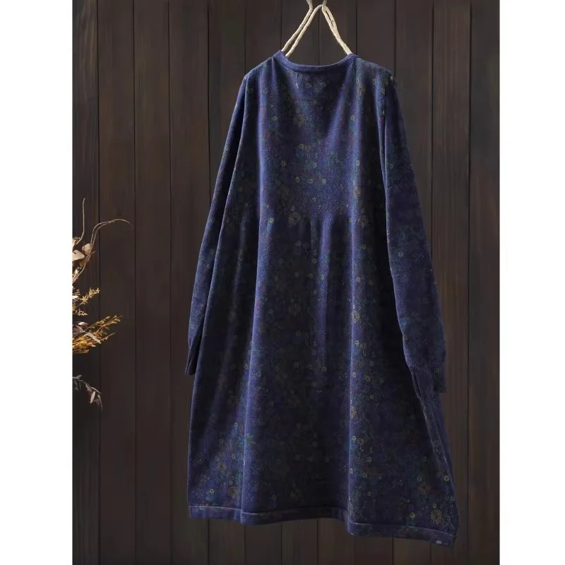 Abito primaverile in maglia di lana con stampa floreale retrò 2026 - Abito a trapezio di media lunghezza da donna (w1908)