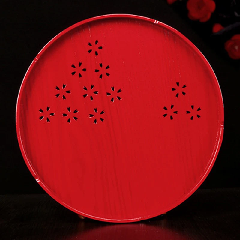 

Round Rectangle Wooden Tea Tray Chinese Dish Tea Cup Tray Wedding Red Plate For Home