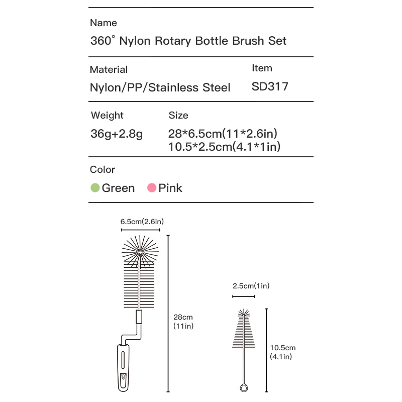 360 ° obrotowe szczotka do butelek 2 w 1 nylonowe szczotka do butelek smoczek szczotka do czyszczenia kubków na wodę