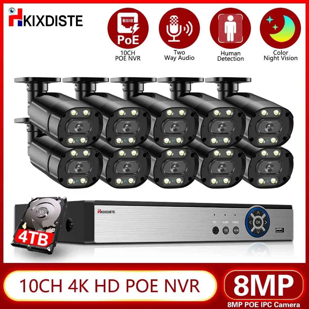 

10CH 4K Security Camera POE System kit 8MP POE IP NVR Two-Way Audio Record Color Night Vision Home CCTV Video Surveillance Set