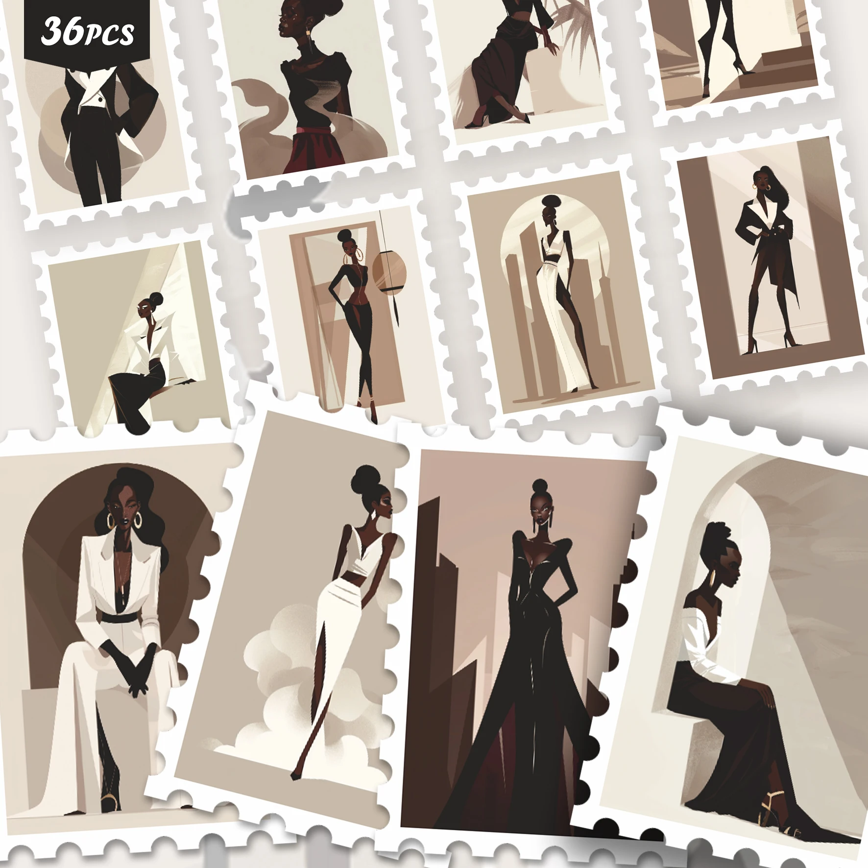 36PCS Minimalist Fashion Figure Stickers, classy stylish character motifs, calm neutral aesthetic, ideal for tumblers, for pads