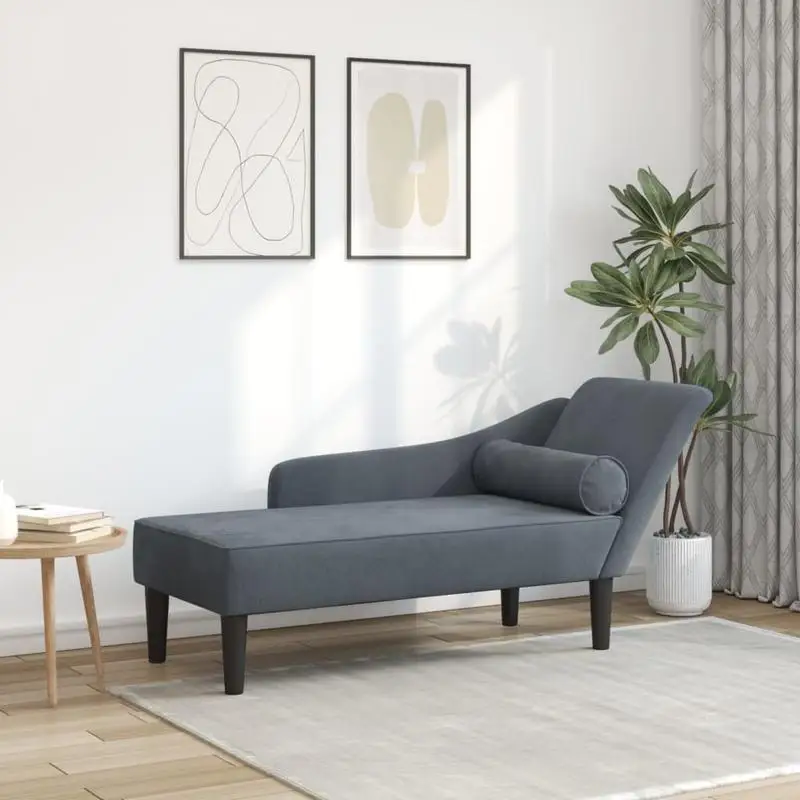 vidaXL Chaise longue en velours gris foncé avec coussins, structure en bois massif, mousse haute résilience, 141x55,5x66,5 cm