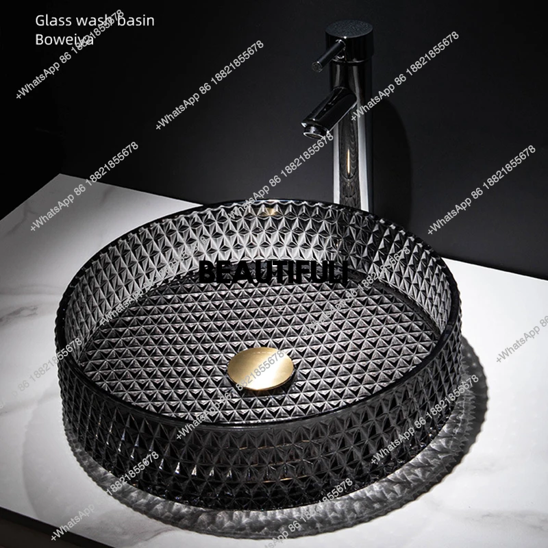 B567 Round Countertop Wash Hand Basin Translucent Tempered Glass Basin with Retractable Sink Bathroom Sink Basin for Bathroom