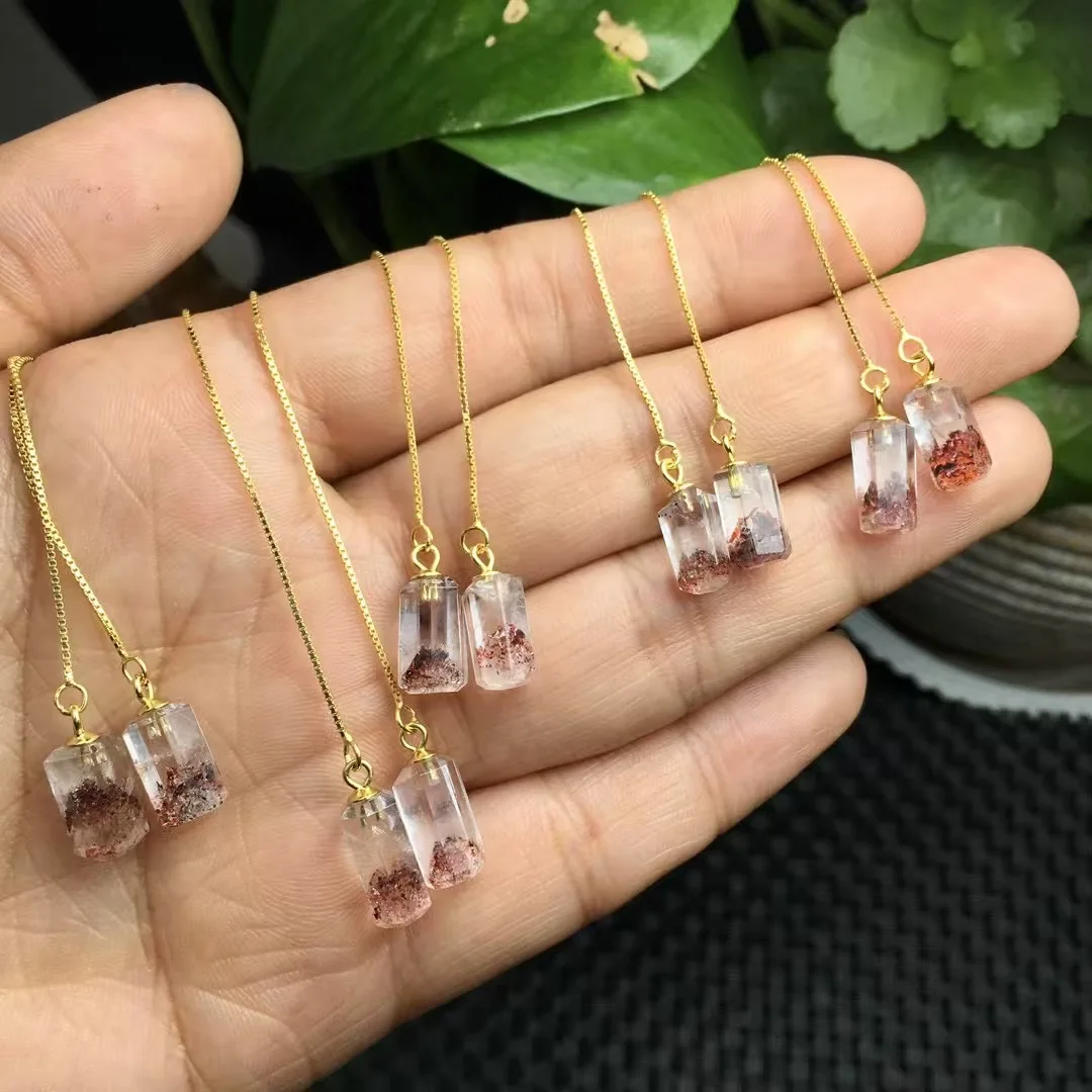 1 Pair Fengbaowu Natural Red Strawberry Quartz Super 7 Earring 925 Sterling Silver Reiki Healing Stone Jewelry Gift Women