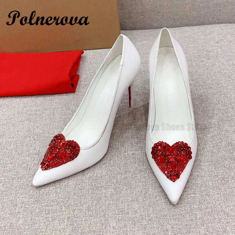 

Red Crystal Heart White Leather High Heels Summer New Women Glitter Falts Shoes Pointy Toe Brand Designer Ladies Wedding Pumps